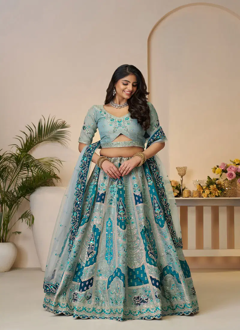 Kf 492 Sky Blue Banarasi Silk Indian Bridal Lehenga Wholesale Online
